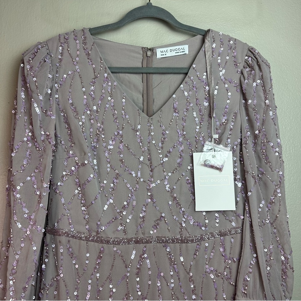 Mac Duggal sequin V-neck, long bishop sleeve trumpet dress Sz 10 - Picture 4 of 14